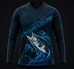 Electric blue bass fishing performance T-shirt with topographic contour design and jumping bass fish graphic for anglers