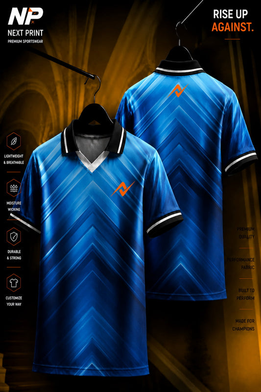 Front and back view of an electric blue chevron gradient polo sports jersey made from premium dry-fit performance fabric.