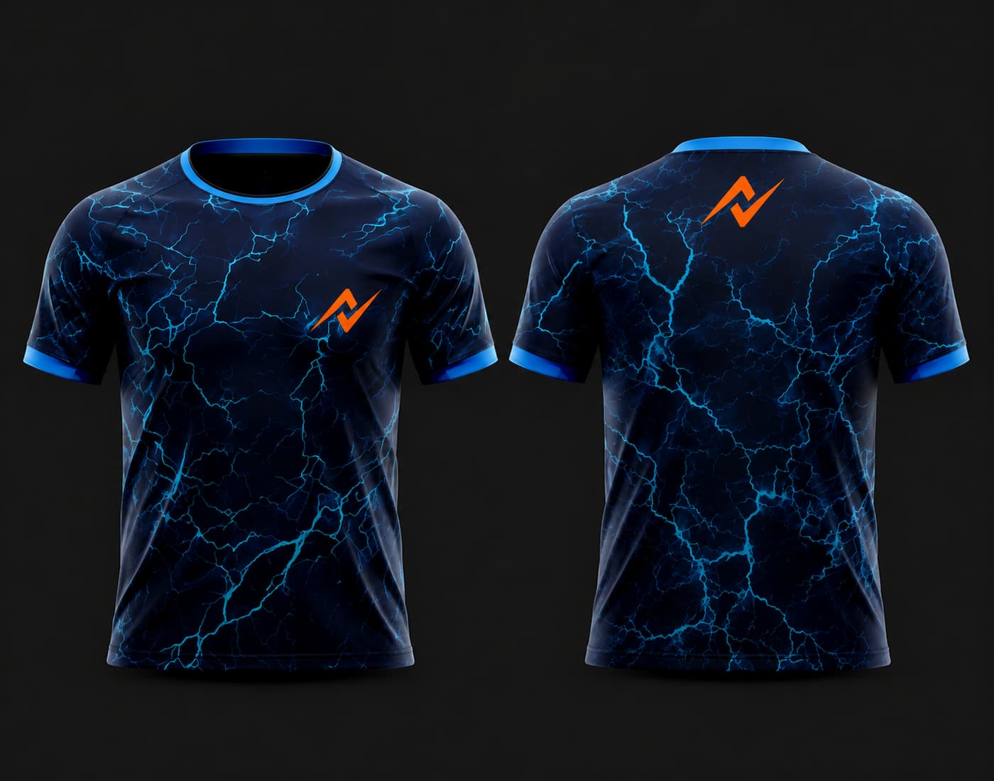 Front and back view of an electric blue lightning round neck cricket jersey featuring blue crack graphics on a navy background with an orange chest logo, customizable for cricket teams.