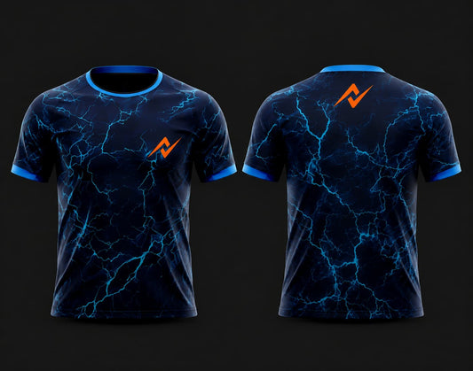 Front and back view of an electric blue lightning round neck cricket jersey featuring blue crack graphics on a navy background with an orange chest logo, customizable for cricket teams.
