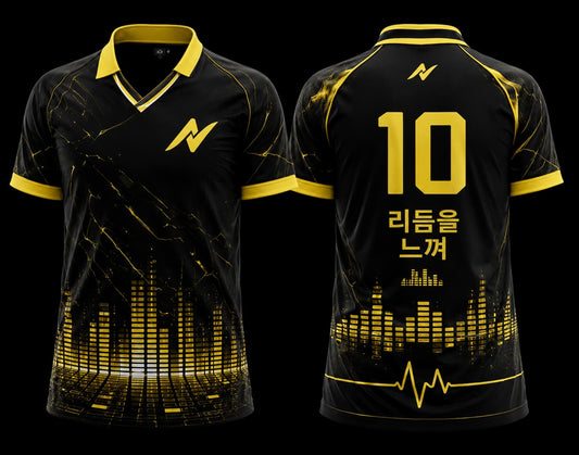 Front and back view of Electro Beat K-Pop polo collar jersey featuring black and gold equalizer graphics with electronic music-inspired design.