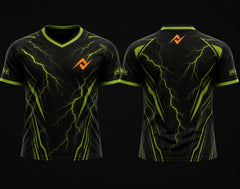 Front and back view of the Electro Pulse black and neon green V-neck esports jersey featuring electric lightning graphics with a custom logo on the chest and below the back collar.