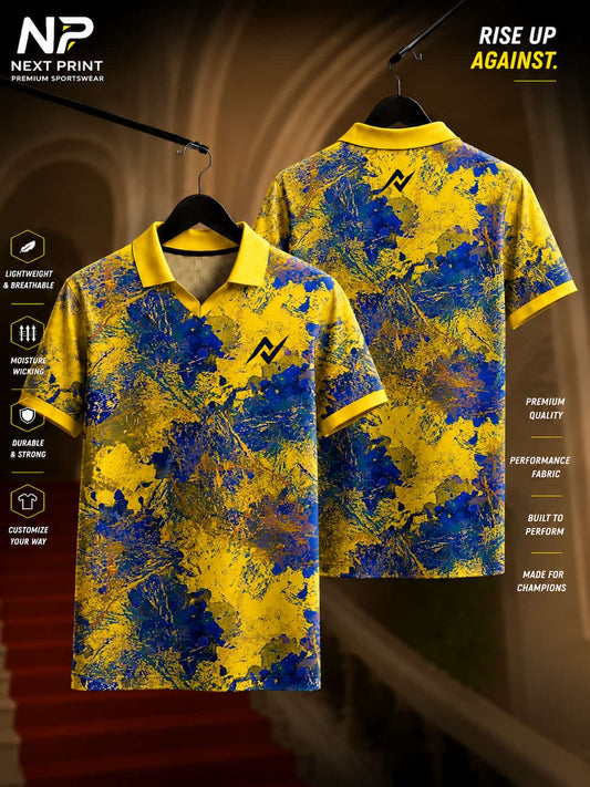Elite Abstract Splash yellow and blue polo sports jersey featuring artistic paint splash graphics with front and back views.