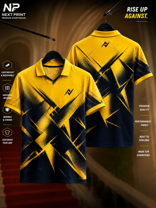 Elite Apex Fusion yellow and navy polo sports jersey featuring abstract geometric brush graphics with premium V-neck polo collar, front and back view.