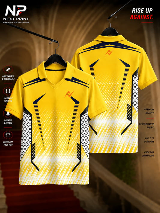 Front and back view of the Elite Apex Grid Polo Sports Jersey featuring navy shoulder accents, mesh side graphics, and a yellow-to-white gradient design with a premium polo V-neck collar.