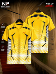 Front and back view of the Elite Apex Grid Polo Sports Jersey featuring navy shoulder accents, mesh side graphics, and a yellow-to-white gradient design with a premium polo V-neck collar.