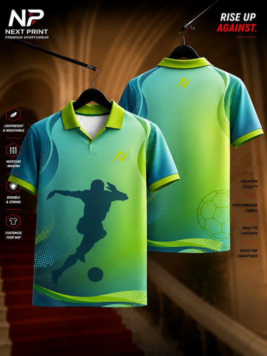 Front and back view of the Elite Aqua Strike Football Polo Sports Jersey featuring an aqua and lime gradient, football player silhouette, halftone graphics, and a modern polo collar.
