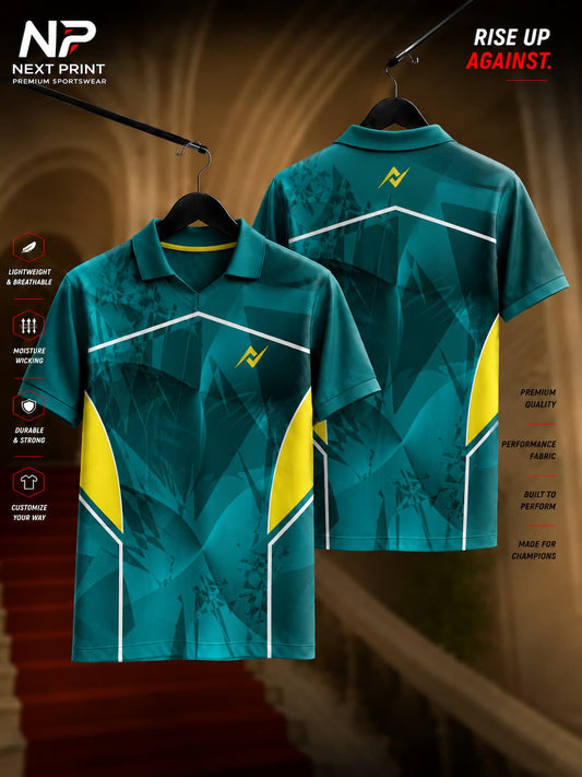 Front and back view of Elite Aqua Strike polo sports jersey featuring aqua blue geometric graphics, yellow side panels, white accent lines, and premium dry-fit fabric.