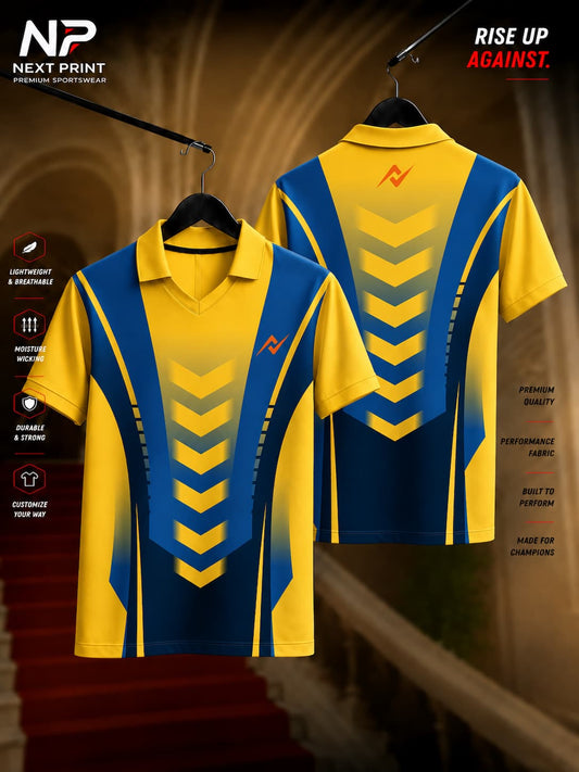 Front and back view of the Elite ArrowForce yellow and blue polo sports jersey featuring bold arrow graphics and premium dry-fit performance fabric.