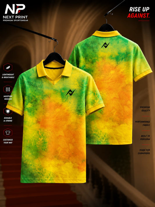 Premium polo sports jersey featuring green, golden orange, and yellow watercolor graphics with front and back views.