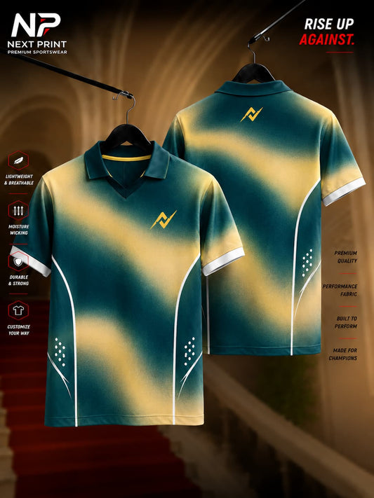 Front and back view of Elite Aurora Fusion polo sports jersey featuring smooth teal and golden gradient waves with premium dry-fit performance fabric.