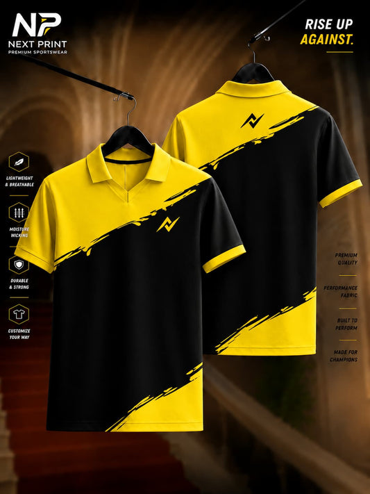 Front and back view of the Elite Black Slash Performance Polo Jersey featuring a bold diagonal black brushstroke graphic on a vibrant yellow base with a premium polo collar.