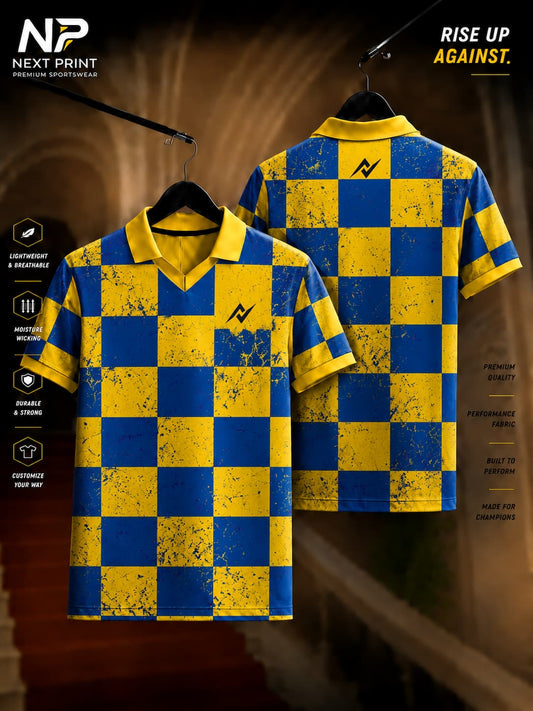 Front and back view of the Elite Checkmate Polo Sports Jersey featuring a blue and gold checkered pattern with premium dry-fit fabric and a polo V-neck collar.