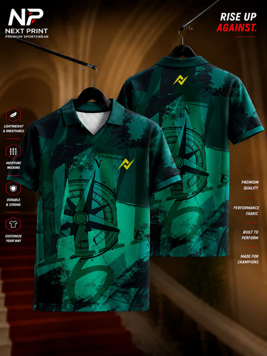 Front and back view of the Elite Compass Force Polo V-Neck Sports Jersey featuring compass-inspired graphics, distressed textures, teal and emerald colors, and a premium polo V-neck collar.