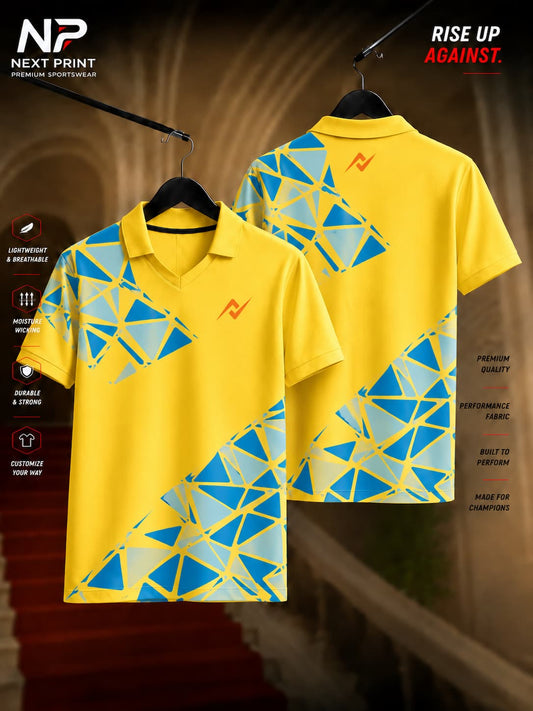 Front and back view of the Elite Crystal Edge Polo Sports Jersey featuring blue geometric crystal graphics on a yellow base with a premium polo V-neck collar.
