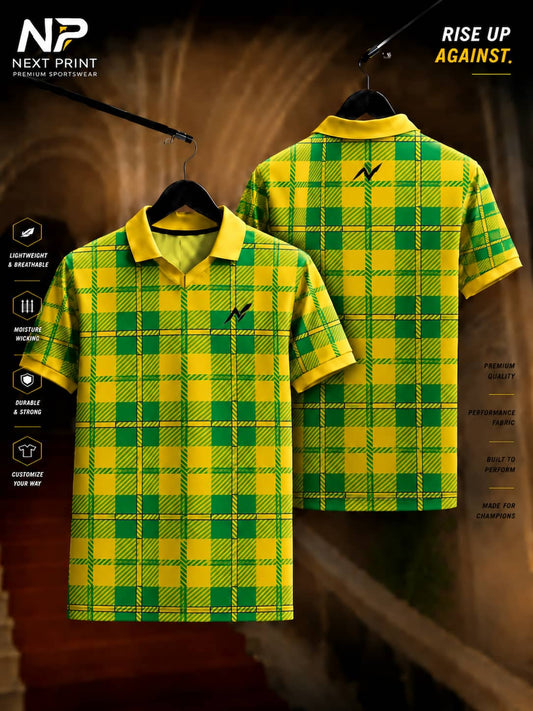 Front and back view of the Elite Emerald Check Polo Sports Jersey featuring a vibrant yellow and emerald green check pattern with premium dry-fit fabric and a polo V-neck collar.