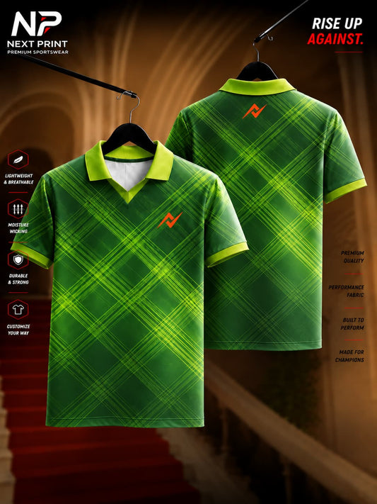 Front and back view of the Elite Emerald Crossline Polo Sports Jersey featuring emerald green fabric with intersecting neon crossline graphics and a modern polo collar.