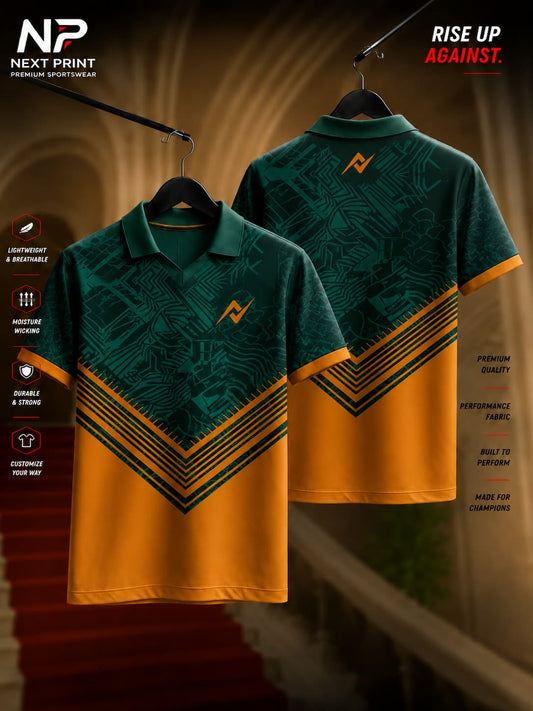 Premium emerald green and gold polo sports jersey featuring geometric V-chevron graphics with front and back views.