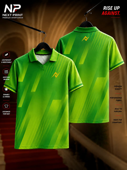 Front and back view of the Elite Emerald Rush polo sports jersey featuring emerald green and neon yellow brush-stroke graphics with a premium polo V-neck collar and moisture-wicking dry-fit fabric.