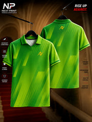 Front and back view of the Elite Emerald Rush polo sports jersey featuring emerald green and neon yellow brush-stroke graphics with a premium polo V-neck collar and moisture-wicking dry-fit fabric.