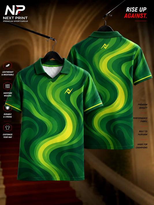 Front and back view of Elite Emerald Wave polo sports jersey featuring layered emerald and lime green flowing wave graphics with a premium polo V-neck collar and dry-fit performance fabric.