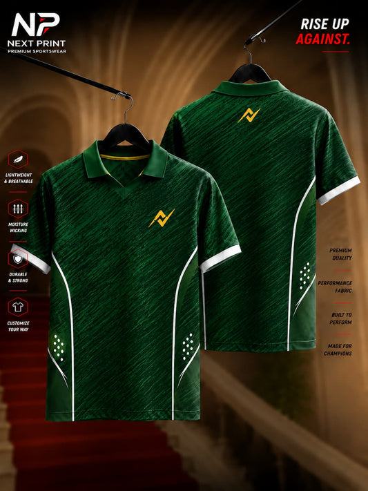 Front and back view of Elite Forest Edge polo sports jersey featuring dark green textured diagonal graphics, white side accents, polo V-neck collar, and premium dry-fit fabric.