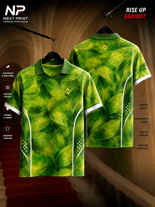 Elite Forest Leaf Fusion green polo sports jersey with vibrant leaf pattern, front and back view, premium dry-fit team sportswear.