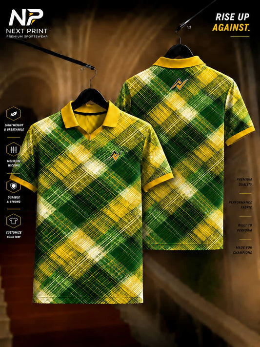 Front and back view of the Elite Forest Plaid Polo Sports Jersey featuring a green, yellow, and white plaid pattern on premium dry-fit fabric with a polo V-neck collar.