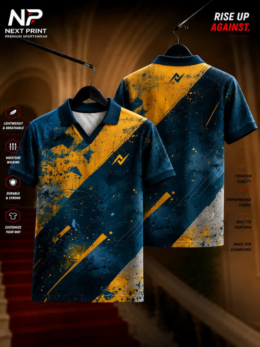 Front and back view of Elite Fusion Blue and Gold Polo Sports Jersey with modern abstract diagonal graphics and premium dry-fit fabric.