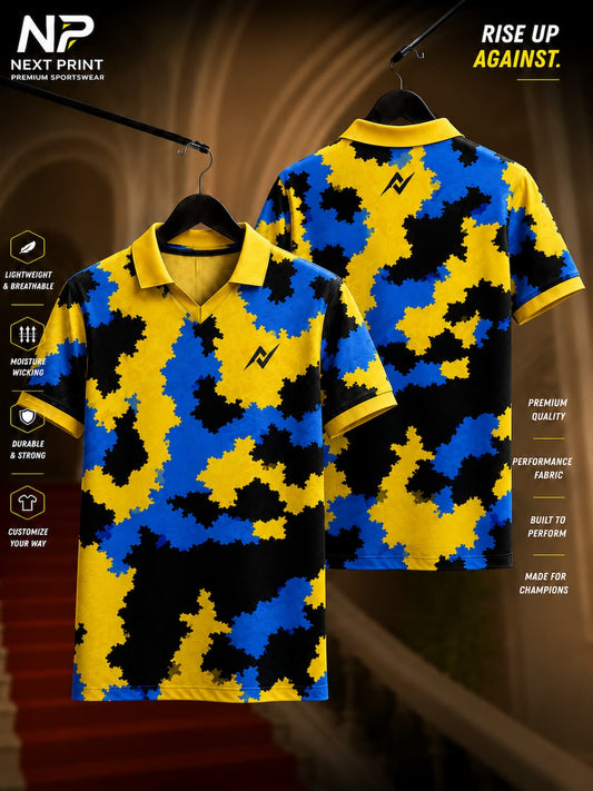 Elite Fusion Camo yellow, blue, and black polo sports jersey featuring an abstract camouflage pattern with front and back views.