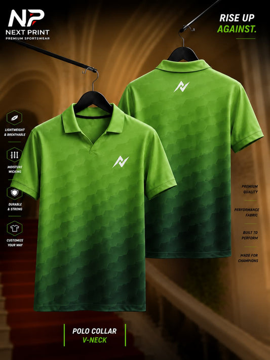 Front and back view of an emerald green gradient geometric polo sports jersey made with premium dry-fit performance fabric.