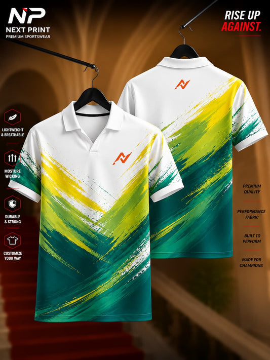 Front and back view of Elite Fusion white polo sports jersey featuring green and yellow brushstroke graphics with premium dry-fit performance fabric.
