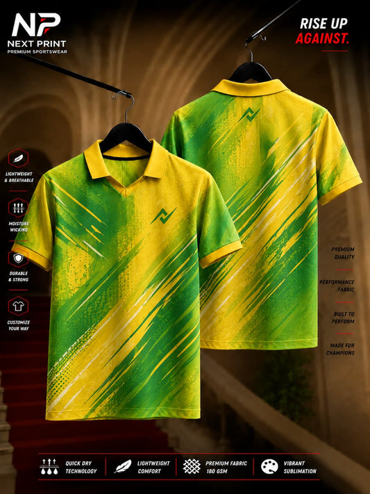 Elite Fusion green and yellow polo sports jersey featuring modern diagonal brush-stroke graphics with front and back views.