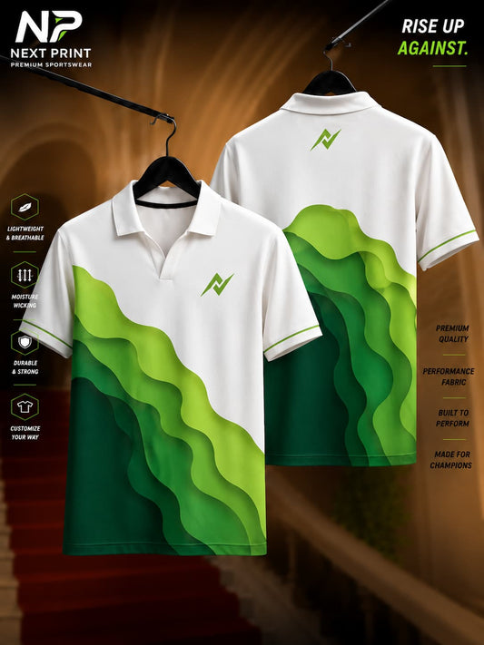 Front and back view of a white performance polo jersey featuring layered lime green and forest green wave graphics with premium dry-fit sports fabric.