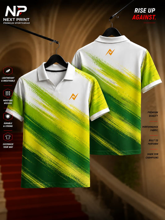 Front and back view of a white performance polo jersey featuring lime green and dark green diagonal brushstroke graphics with premium dry-fit fabric.