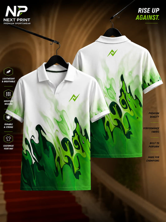 Front and back view of a white performance polo jersey featuring neon green and emerald liquid wave graphics with premium dry-fit sports fabric.