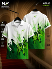 Front and back view of a white performance polo jersey featuring neon green and emerald liquid wave graphics with premium dry-fit sports fabric.