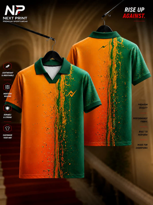 Orange and green paint splash polo V-neck sports jersey with front and back views on premium dry-fit fabric.