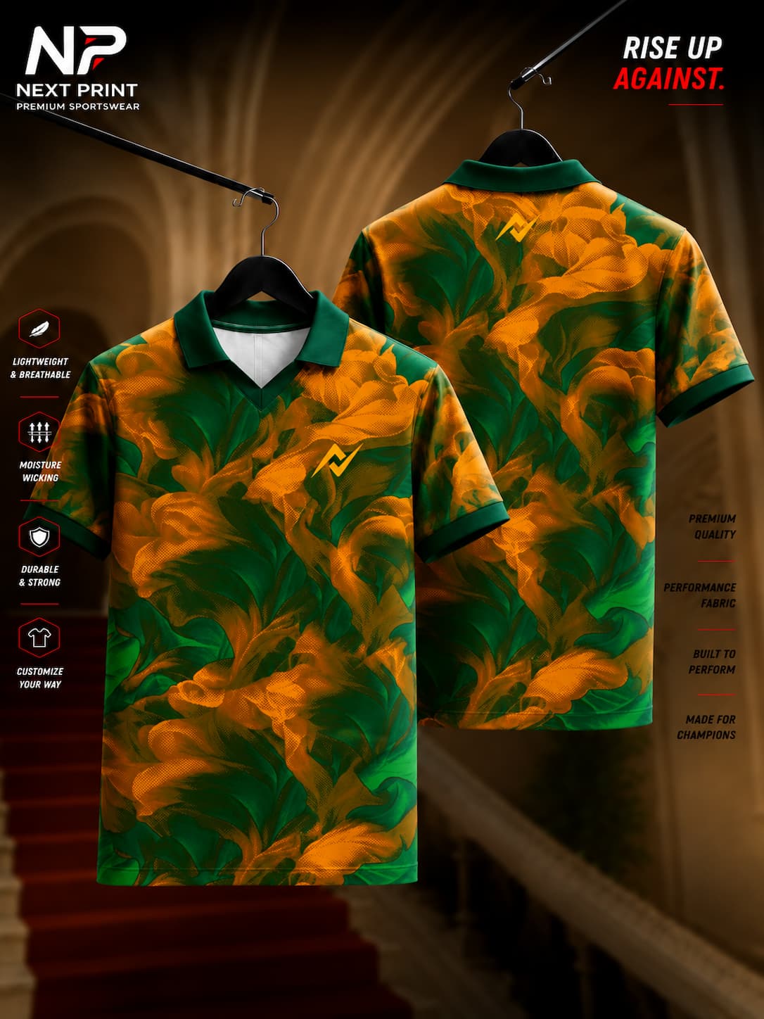 Premium polo V-neck sports jersey featuring a tropical floral pattern in orange, yellow, and green with front and back views.
