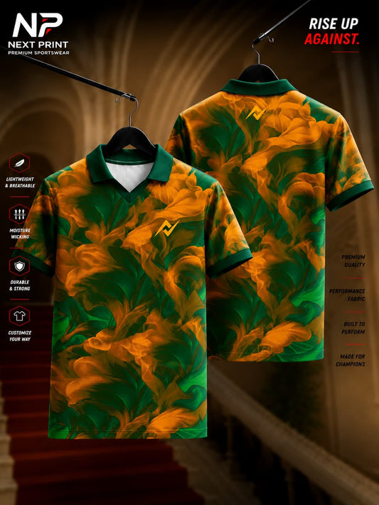 Premium polo V-neck sports jersey featuring a tropical floral pattern in orange, yellow, and green with front and back views.