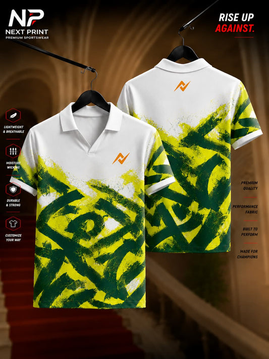Front and back view of a white performance polo jersey featuring abstract lime and forest green graffiti-style graphics with premium dry-fit sports fabric.