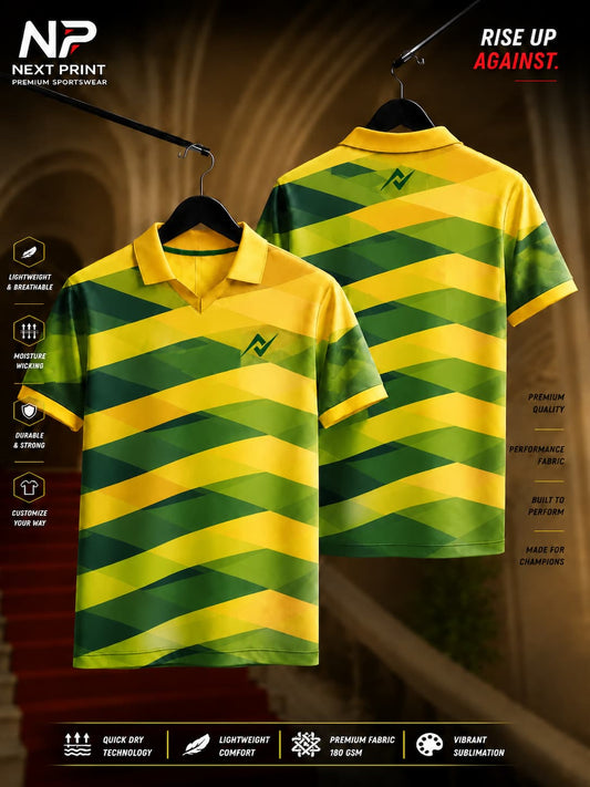 Premium yellow and green geometric wave polo sports jersey with front and back views, featuring breathable dry-fit performance fabric.