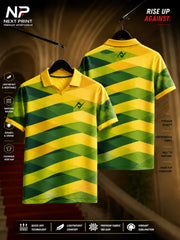 Premium yellow and green geometric wave polo sports jersey with front and back views, featuring breathable dry-fit performance fabric.