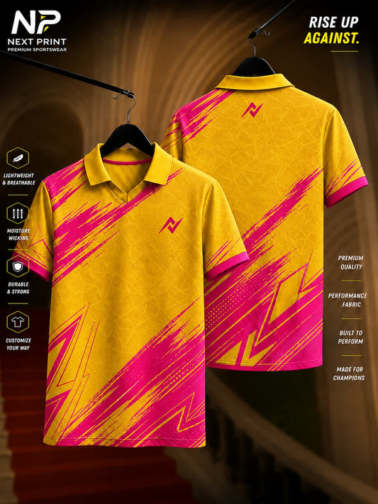 Premium yellow polo sports jersey with vibrant pink brushstroke graphics and geometric texture, front and back view.