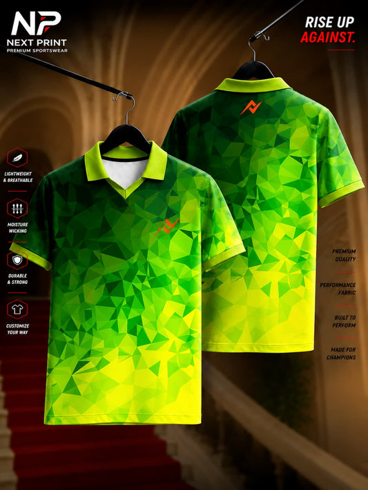 Front and back view of Elite Geo Fusion Green Polo Sports Jersey featuring a geometric polygon pattern in dark green and neon lime with a polo collar.
