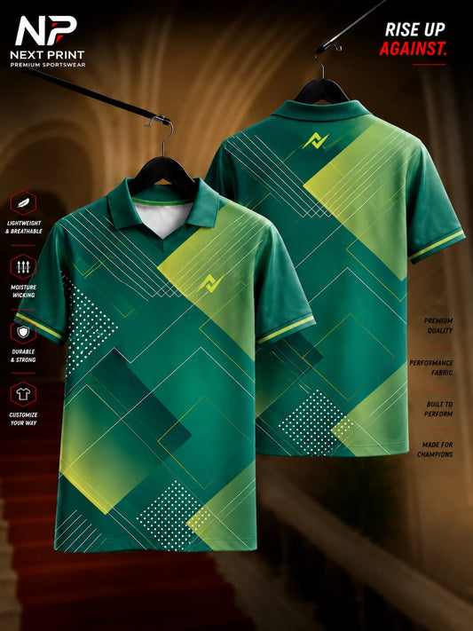 Front and back view of the Elite Geo Matrix polo sports jersey featuring emerald green geometric blocks, fine white line graphics, dotted accents, and a premium dry-fit polo V-neck design.