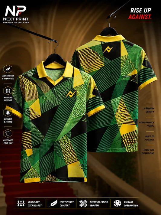 Yellow, green, and black geometric abstract polo sports jersey with front and back views, made from premium breathable dry-fit performance fabric.
