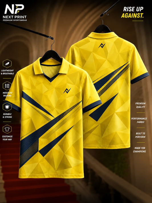 Elite Geo Strike yellow and navy polo sports jersey featuring a geometric polygon pattern with bold diagonal graphics, front and back views.