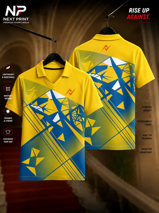 Front and back view of the Elite GeoFusion yellow polo sports jersey featuring modern blue, white, and olive geometric graphics on premium dry-fit fabric.