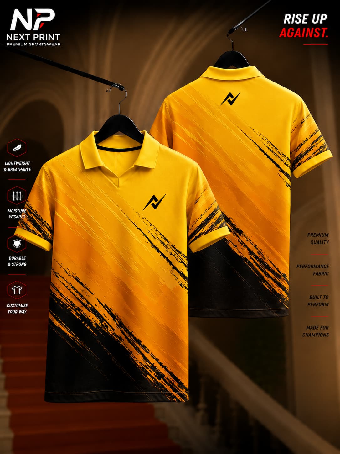 Premium yellow polo sports jersey featuring bold gold brushstroke graphics with front and back views.